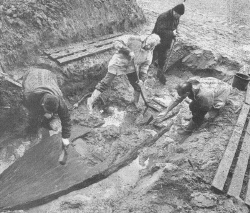 Het oude vissersbootje opgegraven in ’s-Gravenzande dateert van het jaar 1400 Foto Westlands Fotoburo